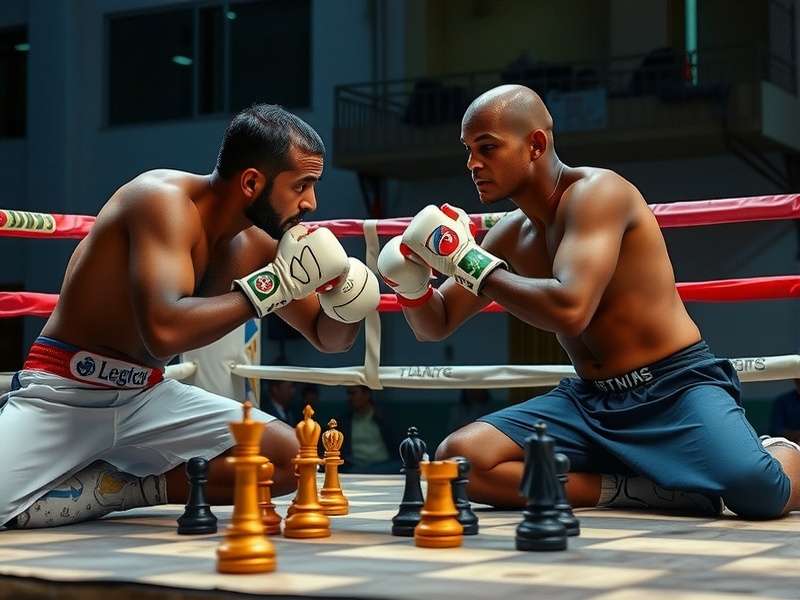 चेस बॉक्सिंग प्रतियोगिता में एक खिलाड़ी शतरंज खेलते हुए और दूसरे राउंड में मुक्केबाजी करते हुए