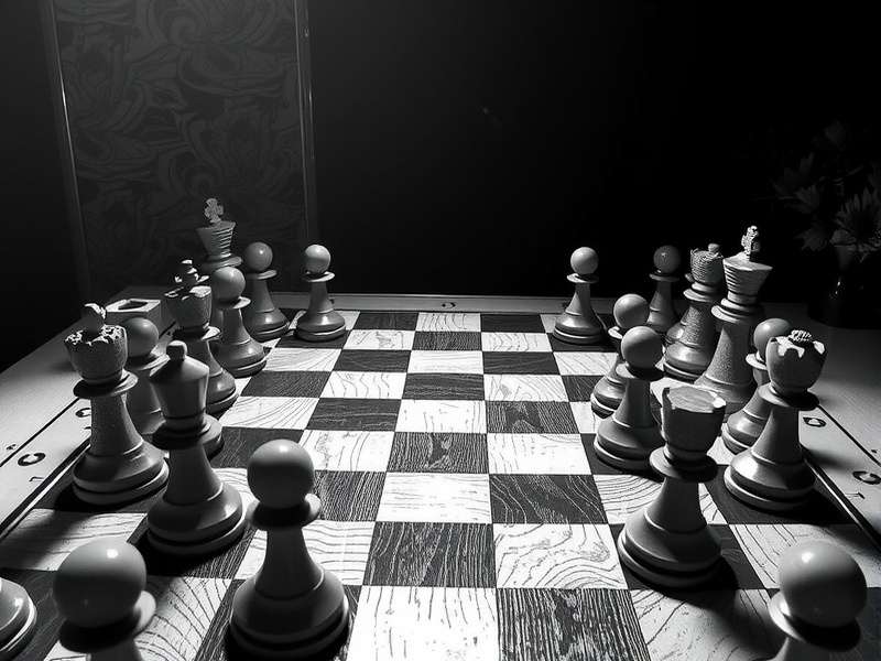 A beautifully lit wooden chess board with pieces in mid-game, set against a traditional Indian textile