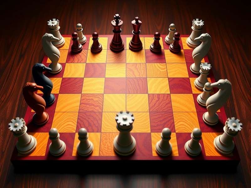 A complex chess endgame position on a wooden board