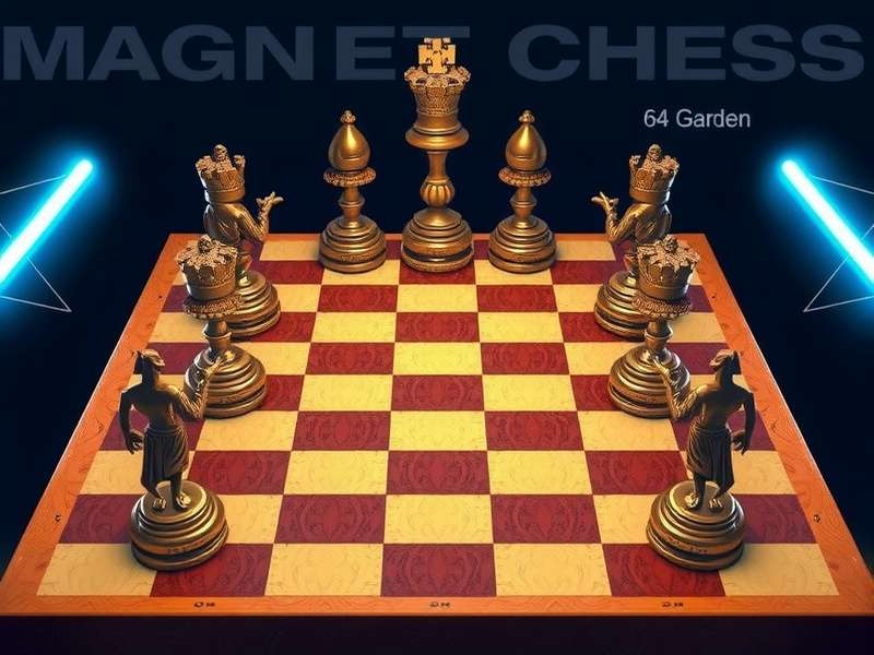 Magnetic chess pieces arranged on a board with visible magnetic fields