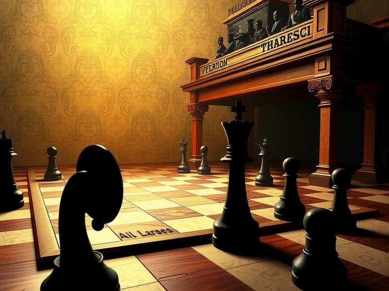 An artistic representation of chess pieces on a board resembling a musical stage, with light and shadow creating a dramatic effect.