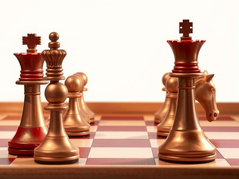 Chess board with pieces in mid-game position, analyzed with digital overlays