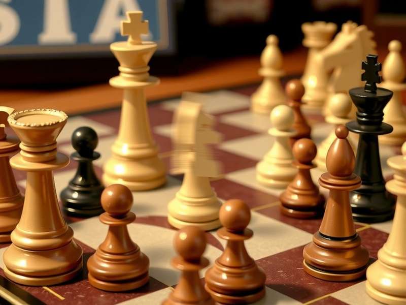 Chess board with pieces in mid-game, focus on strategy