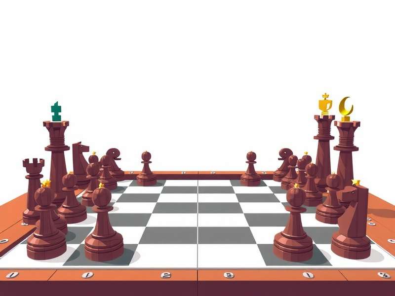 Chess pieces on a wooden board with strategic positioning