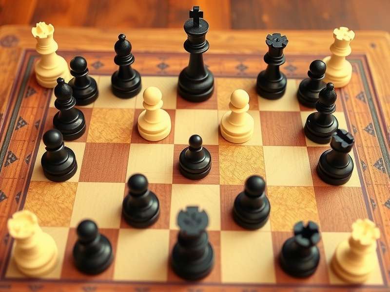 Chess pieces on a traditional wooden board in an Indian setting