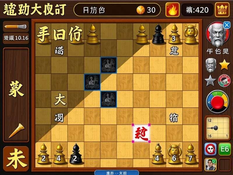 A detailed close-up of Chinese Chess (Xiangqi) pieces on a wooden board, showcasing the generals, cannons, and elephants.