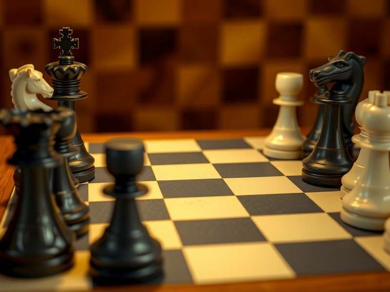 A master chess player contemplating a complex position on a wooden chessboard