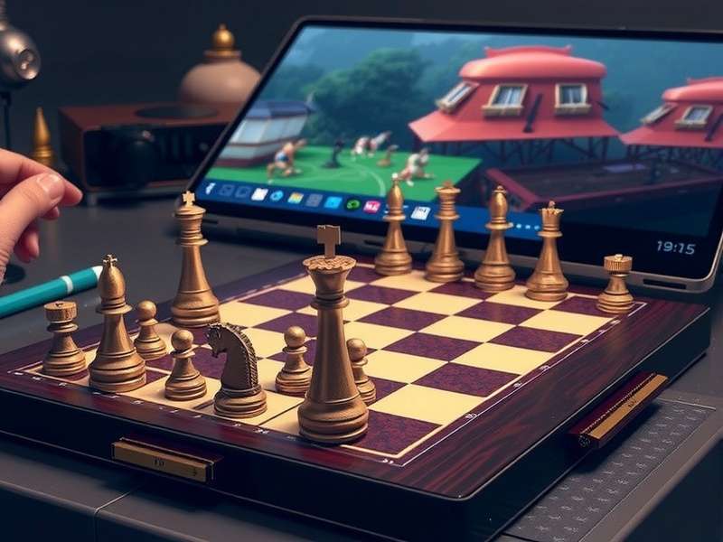 Chess board with pieces in mid-game, representing online 2 player chess data analysis