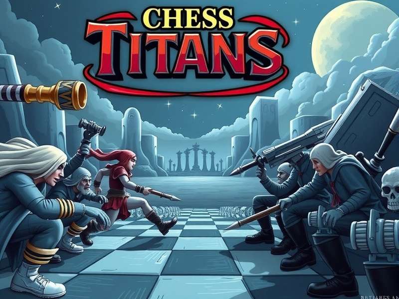 Chess Titans board setup with all pieces in starting position, golden accents on dark wood